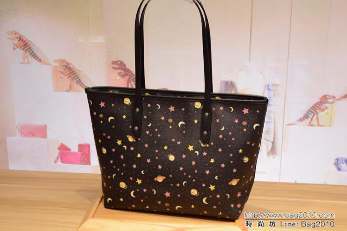 COACH蔻馳 F30058新款 拉鏈托特購物袋 單肩包 十字紋頭層牛皮 星空圖案  Chz1396